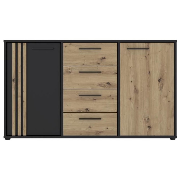 Buffet CARDIGAN 2 portes, 4 tiroirs - Décor chene artisan et noir - L142,6 x P34,2 x H82,3 cm - Poignées en métal noir Buffet CARDIGAN 2 portes, 4 tiroirs - Décor chene artisan et noir - L142,6 x P34,2 x H82,3 cm - Poignées en métal noir