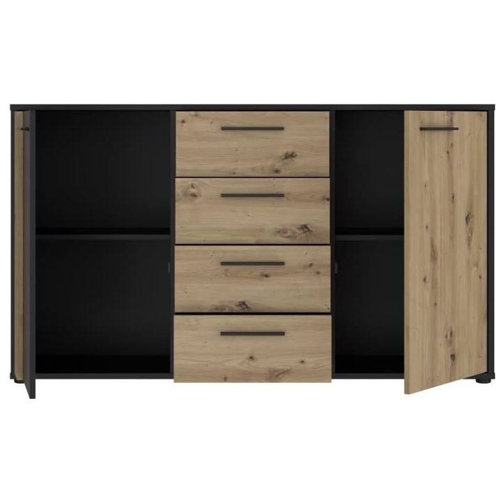 Buffet CARDIGAN 2 portes, 4 tiroirs - Décor chene artisan et noir - L142,6 x P34,2 x H82,3 cm - Poignées en métal noir Buffet CARDIGAN 2 portes, 4 tiroirs - Décor chene artisan et noir - L142,6 x P34,2 x H82,3 cm - Poignées en métal noir