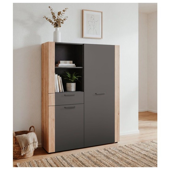 Buffet Haut CENTO - Gris Anthracite & Chene Artisan - 2 portes, 2 niches et 1 tiroir - 100 x 34,5 x 150 cm