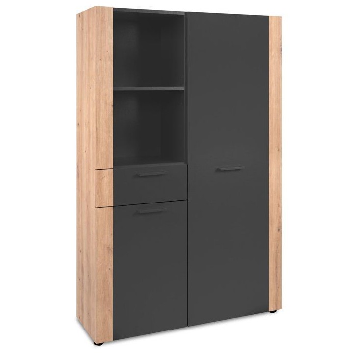 Buffet Haut CENTO - Gris Anthracite & Chene Artisan - 2 portes, 2 niches et 1 tiroir - 100 x 34,5 x 150 cm