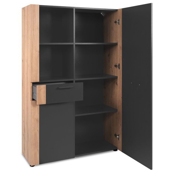 Buffet Haut CENTO - Gris Anthracite & Chene Artisan - 2 portes, 2 niches et 1 tiroir - 100 x 34,5 x 150 cm