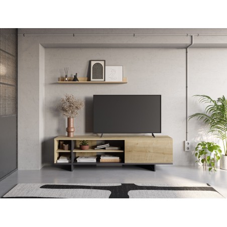 Meuble TV CEQUOIA - Chene & Noir - 1 porte, 4 niches - 160 x 35,6 x 44