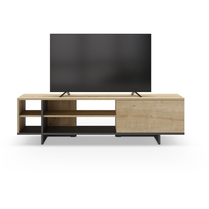 Meuble TV CEQUOIA - Chene & Noir - 1 porte, 4 niches - 160 x 35,6 x 44 cm