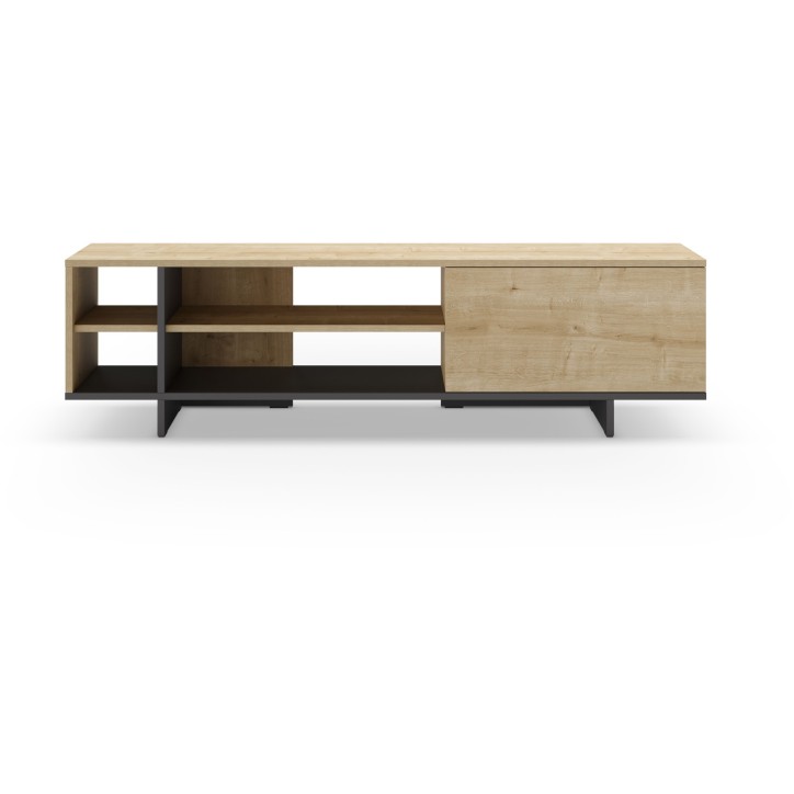 Meuble TV CEQUOIA - Chene & Noir - 1 porte, 4 niches - 160 x 35,6 x 44 cm