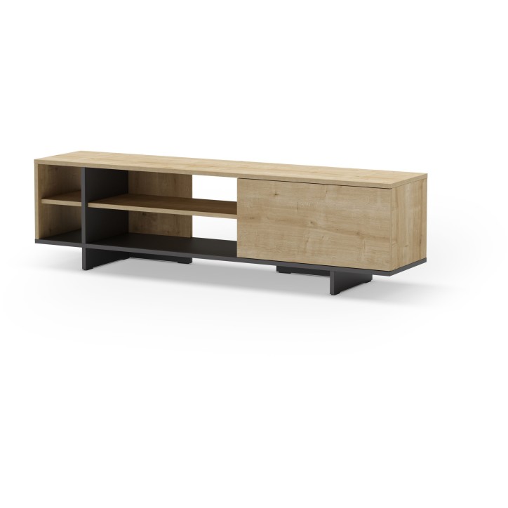 Meuble TV CEQUOIA - Chene & Noir - 1 porte, 4 niches - 160 x 35,6 x 44 cm