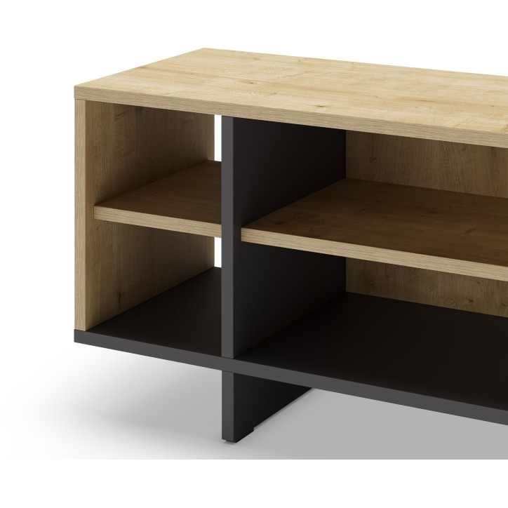 Meuble TV CEQUOIA - Chene & Noir - 1 porte, 4 niches - 160 x 35,6 x 44 cm