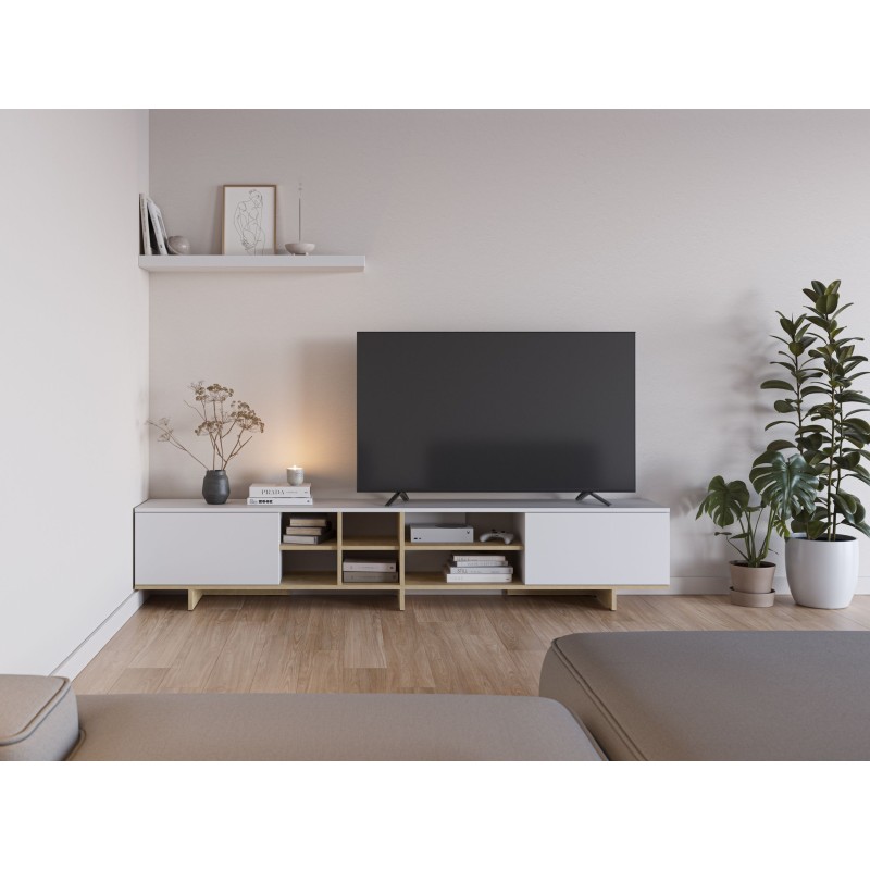 Meuble TV CEQUOIA – Coloris chene & blanc – 2 portes abattantes et