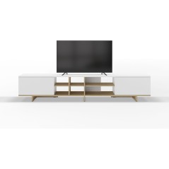 Meuble TV CEQUOIA – Coloris chene & blanc – 2 portes abattantes et 6 niches – 230 x 35,6 x 44 cm