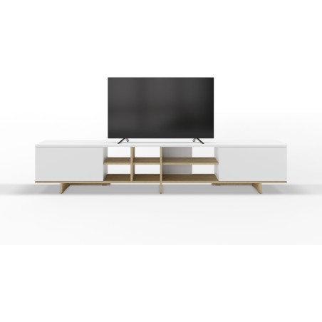 Meuble TV CEQUOIA – Coloris chene & blanc – 2 portes abattantes et 6 niches – 230 x 35,6 x 44 cm