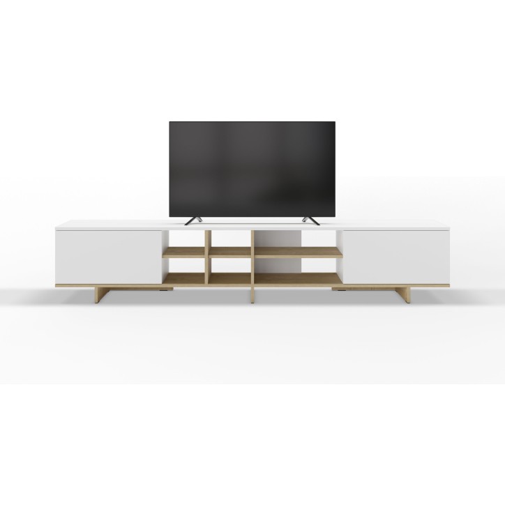 Meuble TV CEQUOIA – Coloris chene & blanc – 2 portes abattantes et 6 niches – 230 x 35,6 x 44 cm