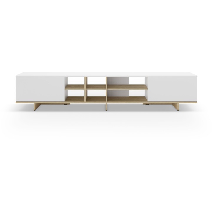 Meuble TV CEQUOIA – Coloris chene & blanc – 2 portes abattantes et 6 niches – 230 x 35,6 x 44 cm