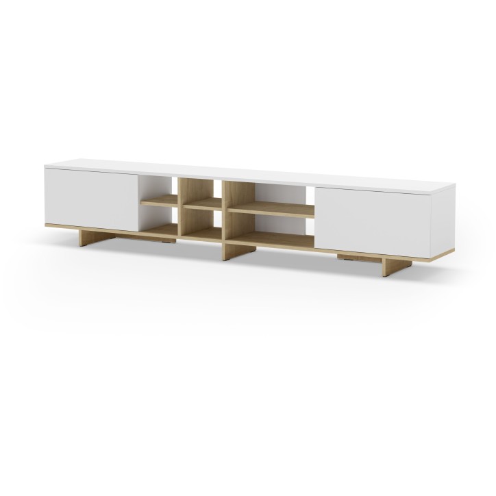 Meuble TV CEQUOIA – Coloris chene & blanc – 2 portes abattantes et 6 niches – 230 x 35,6 x 44 cm