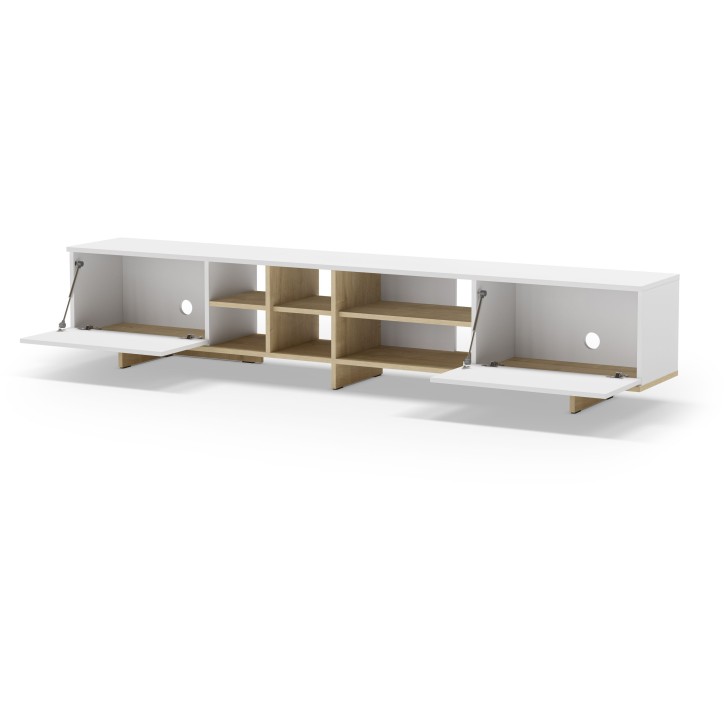 Meuble TV CEQUOIA – Coloris chene & blanc – 2 portes abattantes et 6 niches – 230 x 35,6 x 44 cm