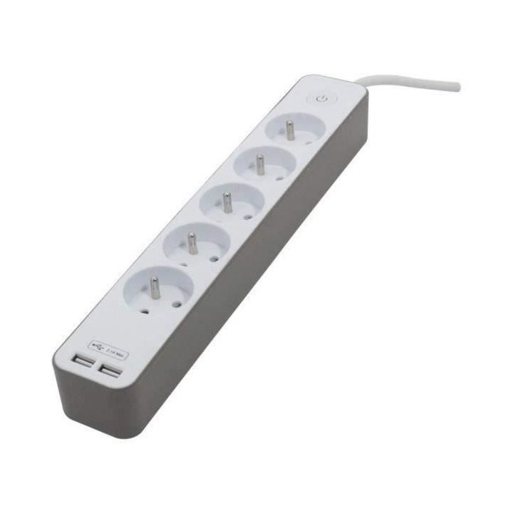 CHACON Bloc multiprise 5 prises 16 A avec 2 ports USB et câble 1,5 m HO5VV-F 3x1,5 mm² blanc et brun