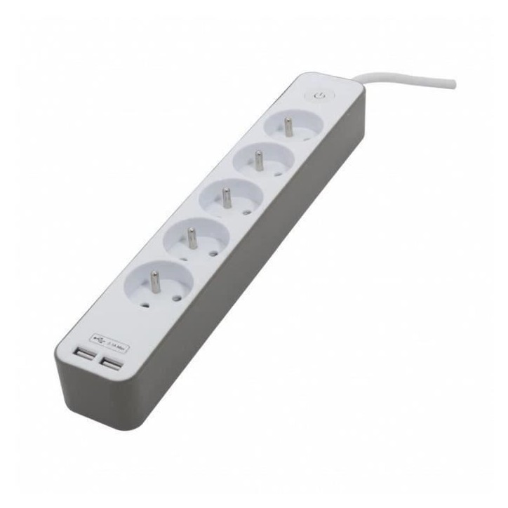 CHACON Bloc multiprise 5 prises 16 A avec 2 ports USB et câble 1,5 m HO5VV-F 3x1,5 mm² blanc et brun