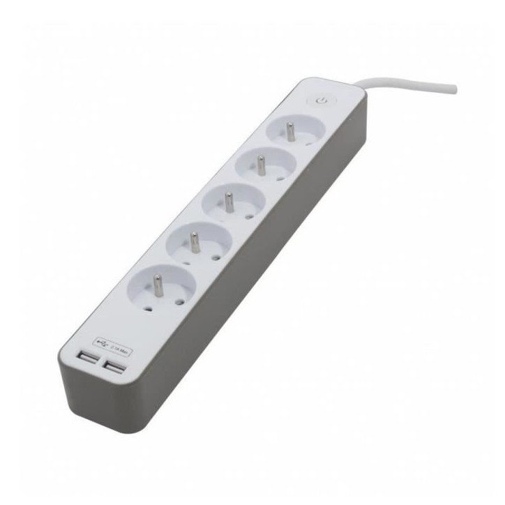 CHACON Bloc multiprise 5 prises 16 A avec 2 ports USB et câble 1,5 m HO5VV-F 3x1,5 mm² blanc et brun