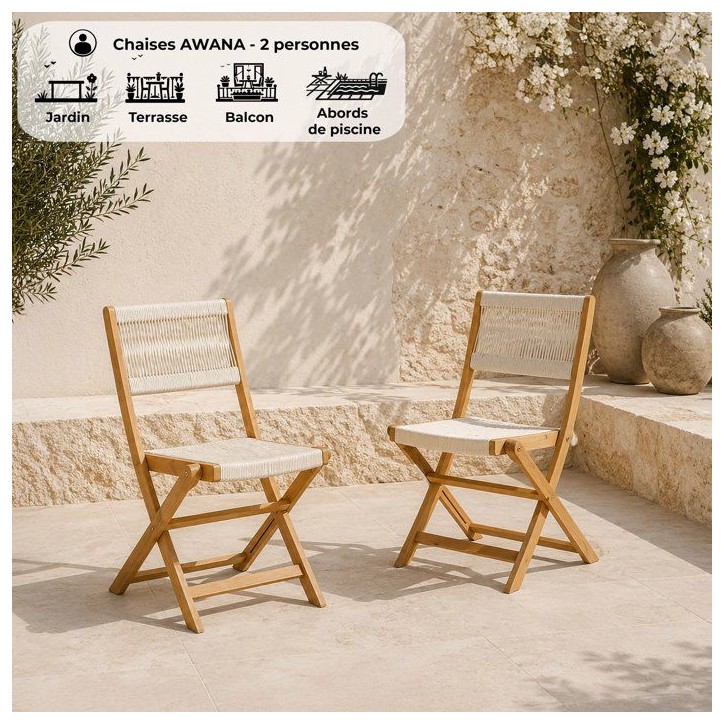 Lot de 2 chaises de jardin pliantes - AWANA - Bois d'acacia FSC - Cordage tressé - 52 x 48 x 85 cm Lot de 2 chaises de jardin pliantes - AWANA - Bois d'acacia FSC - Cordage tressé - 52 x 48 x 85 cm