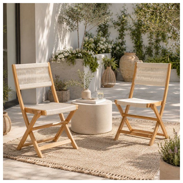 Lot de 2 chaises de jardin pliantes - AWANA - Bois d'acacia FSC - Cordage tressé - 52 x 48 x 85 cm Lot de 2 chaises de jardin pliantes - AWANA - Bois d'acacia FSC - Cordage tressé - 52 x 48 x 85 cm