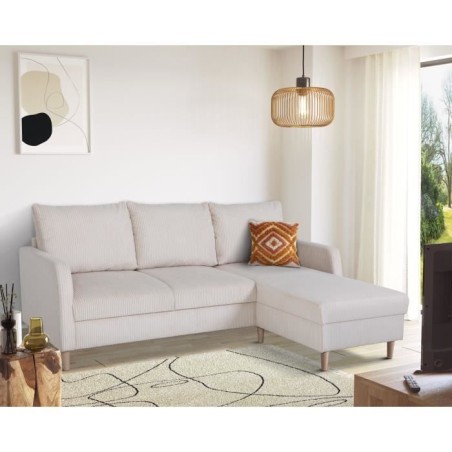 Canapé d'angle fixe - 3 places - CHIPY - Tissu Lincoln Perle - Pieds bois nature - 192 x 82 x 138 cm