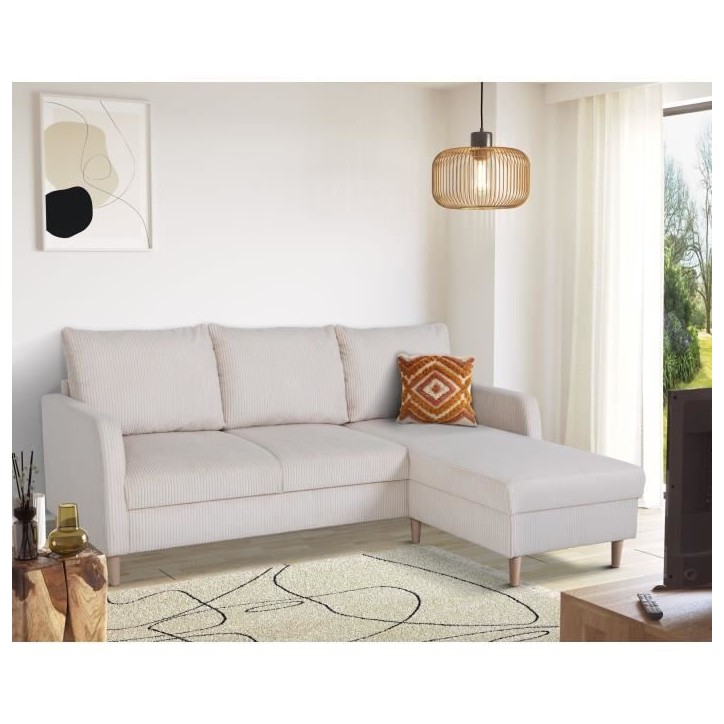 Canapé d'angle fixe - 3 places - CHIPY - Tissu Lincoln Perle - Pieds bois nature - 192 x 82 x 138 cm Canapé d'angle fixe - 3 places - CHIPY - Tissu Lincoln Perle - Pieds bois nature - 192 x 82 x 138 cm