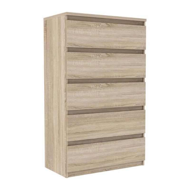 Commode CHELSEA 5 tiroirs - Décor chene - L 77,2 x P 42,2 x H 128,1cm
