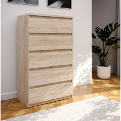 Commode CHELSEA 5 tiroirs - Décor chene - L 77,2 x P 42,2 x H 128,1cm