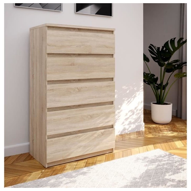 Commode CHELSEA 5 tiroirs - Décor chene - L 77,2 x P 42,2 x H 128,1cm Commode CHELSEA 5 tiroirs - Décor chene - L 77,2 x P 42,2 x H 128,1cm