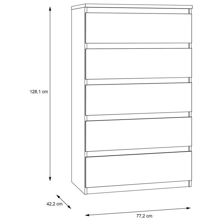 Commode CHELSEA 5 tiroirs - Décor chene - L 77,2 x P 42,2 x H 128,1cm Commode CHELSEA 5 tiroirs - Décor chene - L 77,2 x P 42,2 x H 128,1cm
