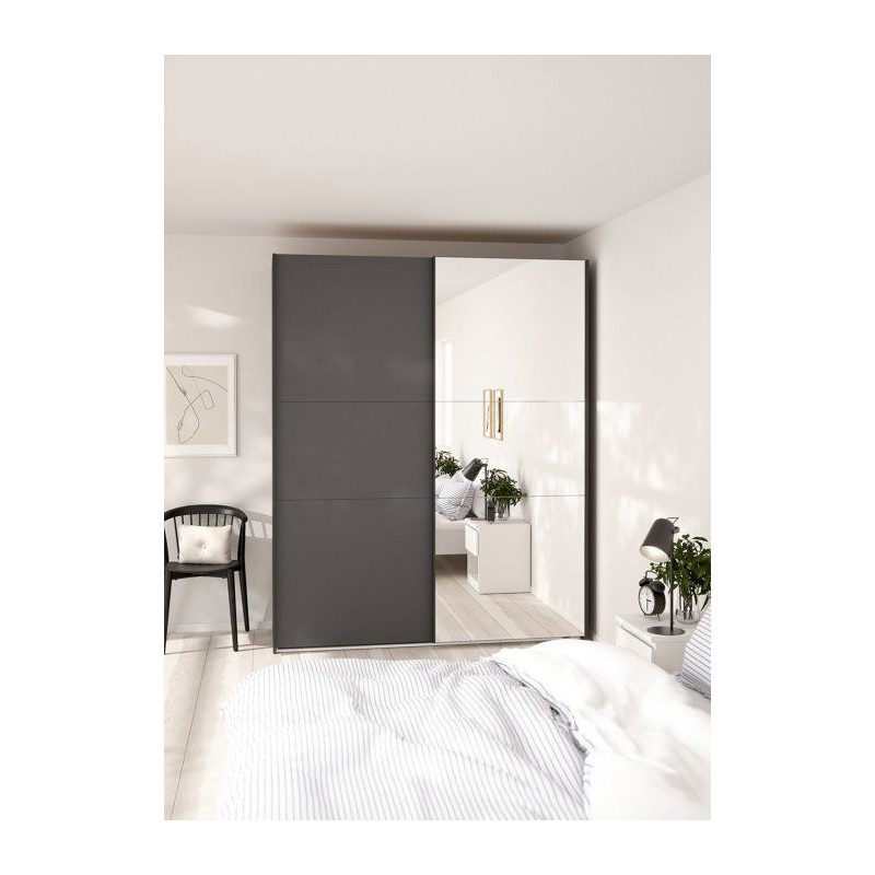 Armoire de chambre - COMO - Gris mat - 2 portes coulissantes dont 1 av