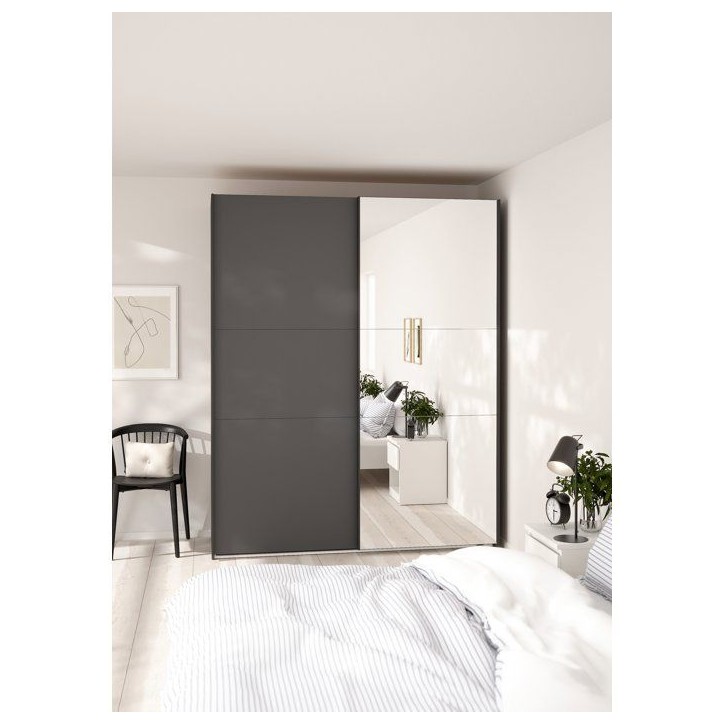Armoire de chambre - COMO - Gris mat - 2 portes coulissantes dont 1 avec miroir - 178,5 x 66,6 x 220,4 cm