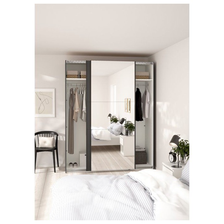 Armoire de chambre - COMO - Gris mat - 2 portes coulissantes dont 1 avec miroir - 178,5 x 66,6 x 220,4 cm