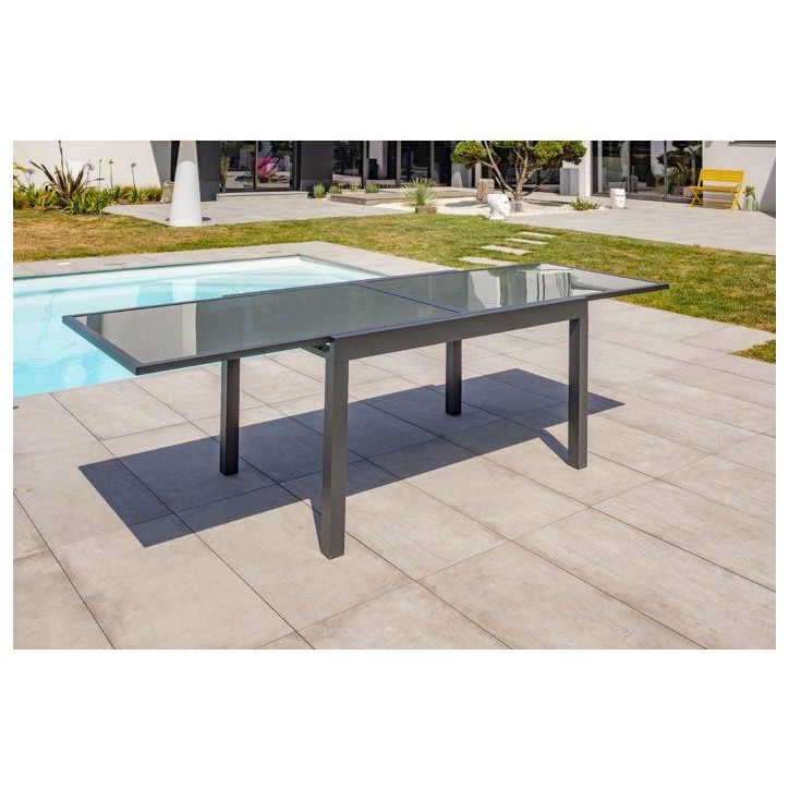 Table de jardin - Gris anthracite - Aluminium / plateau en verre - 135/270 x 90 cm - Tolede Table de jardin - Gris anthracite - Aluminium / plateau en verre - 135/270 x 90 cm - Tolede