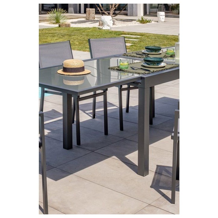 Table de jardin - Gris anthracite - Aluminium / plateau en verre - 135/270 x 90 cm - Tolede Table de jardin - Gris anthracite - Aluminium / plateau en verre - 135/270 x 90 cm - Tolede