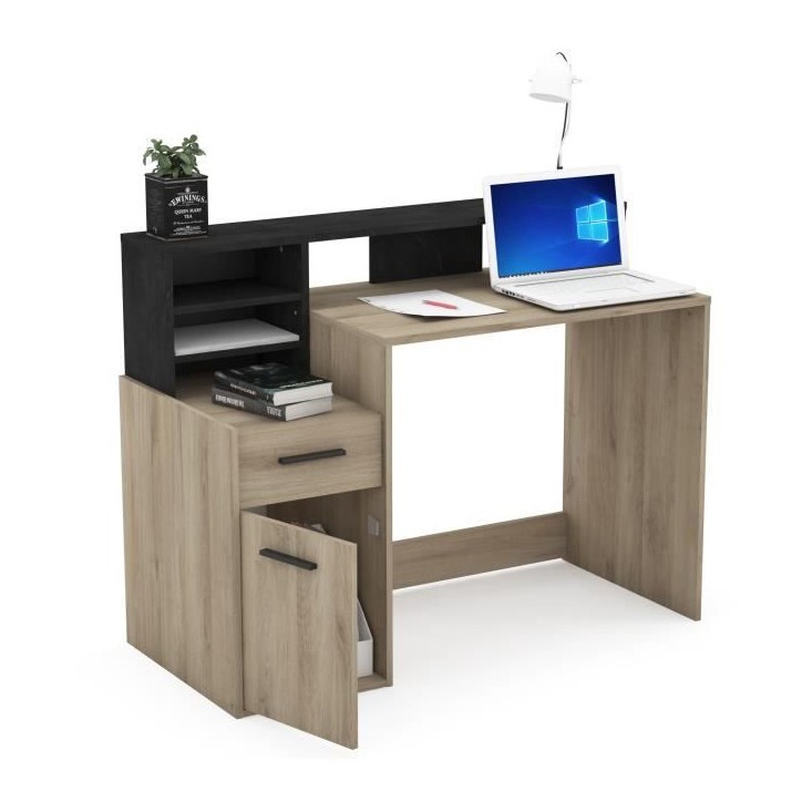 Bureau avec rangements - DELPHI - Chene/noir - L126,2 x P59.8 x H93.5cm - DEMEYERE