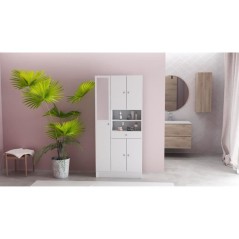 Colonne de salle de bain - 5 Portes - 1 tiroir - 2 niches - miroir - Blanc mat - L82 x P32 x H180 cm - Made in France