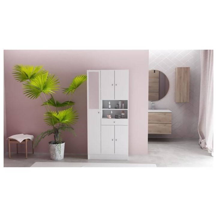 Colonne de salle de bain - 5 Portes - 1 tiroir - 2 niches - miroir - Blanc mat - L82 x P32 x H180 cm - Made in France