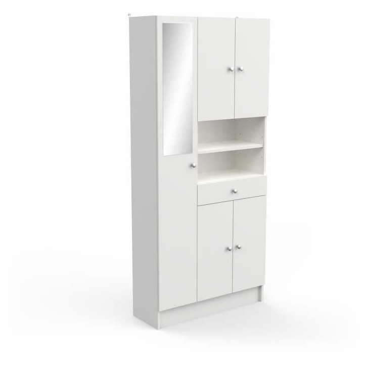 Colonne de salle de bain - 5 Portes - 1 tiroir - 2 niches - miroir - Blanc mat - L82 x P32 x H180 cm - Made in France