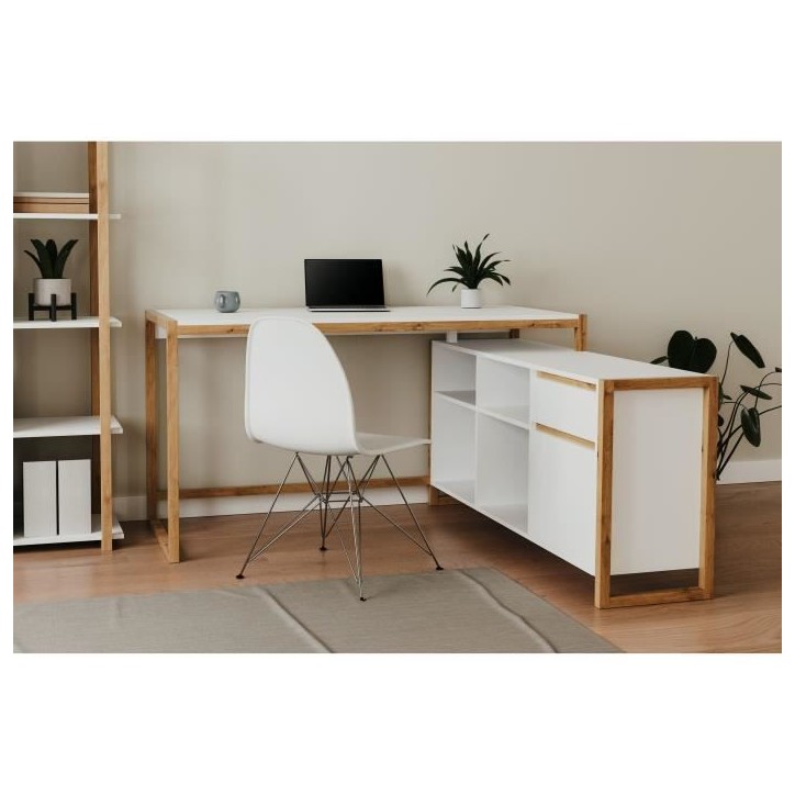 Bureau d'angle réversible Denver - Panneaux de particules - Coloris chene et blanc - 139 x 75 x 139 cm
