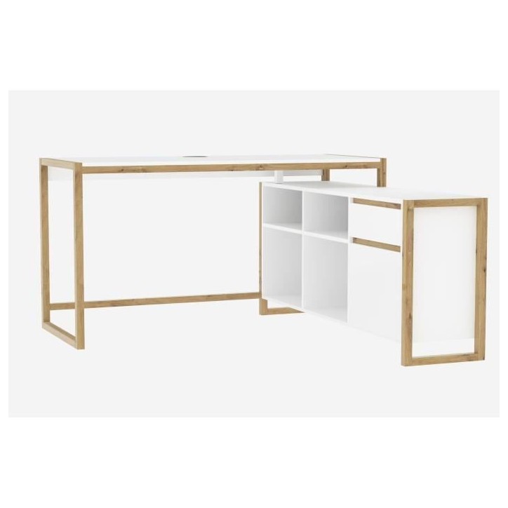 Bureau d'angle réversible Denver - Panneaux de particules - Coloris chene et blanc - 139 x 75 x 139 cm