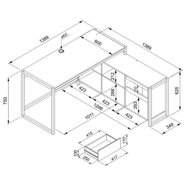 Bureau d'angle réversible Denver - Panneaux de particules - Coloris chene et blanc - 139 x 75 x 139 cm