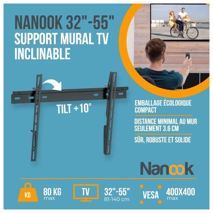 NANOOK Support Mural inclinable pour téléviseurs de 32-55 Pouces- Solution de Montage pour des télés LCD et (O)LED - Noir NANOOK Support Mural inclinable pour téléviseurs de 32-55 Pouces- Solution de Montage pour des télés LCD et (O)LED - Noir