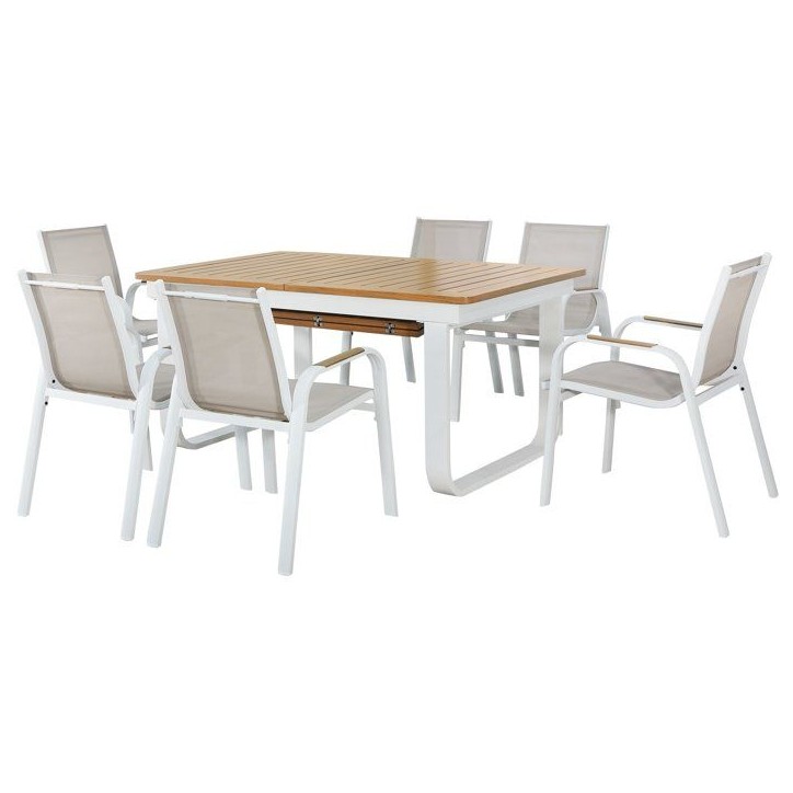 Ensemble repas de jardin - VIANEA - Table extensible 155/245x100x74 cm + 6 fauteuils - Aluminium - Blanc et naturel - 6 personne Ensemble repas de jardin - VIANEA - Table extensible 155/245x100x74 cm + 6 fauteuils - Aluminium - Blanc et naturel - 6 personne