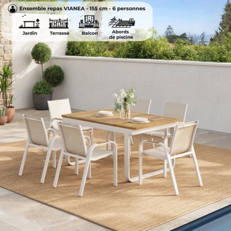 Ensemble repas de jardin - VIANEA - Table extensible 155/245x100x74 cm + 6 fauteuils - Aluminium - Blanc et naturel - 6 personne