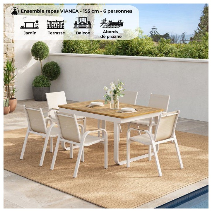Ensemble repas de jardin - VIANEA - Table extensible 155/245x100x74 cm + 6 fauteuils - Aluminium - Blanc et naturel - 6 personne Ensemble repas de jardin - VIANEA - Table extensible 155/245x100x74 cm + 6 fauteuils - Aluminium - Blanc et naturel - 6 personne