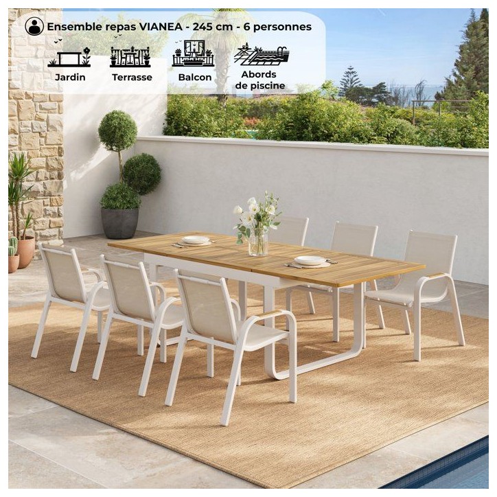 Ensemble repas de jardin - VIANEA - Table extensible 155/245x100x74 cm + 6 fauteuils - Aluminium - Blanc et naturel - 6 personne Ensemble repas de jardin - VIANEA - Table extensible 155/245x100x74 cm + 6 fauteuils - Aluminium - Blanc et naturel - 6 personne
