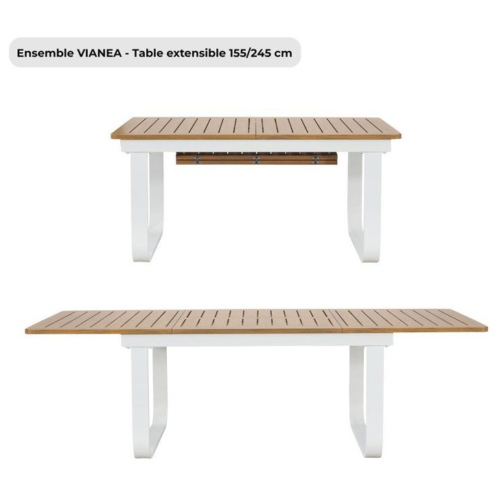 Ensemble repas de jardin - VIANEA - Table extensible 155/245x100x74 cm + 6 fauteuils - Aluminium - Blanc et naturel - 6 personne Ensemble repas de jardin - VIANEA - Table extensible 155/245x100x74 cm + 6 fauteuils - Aluminium - Blanc et naturel - 6 personne