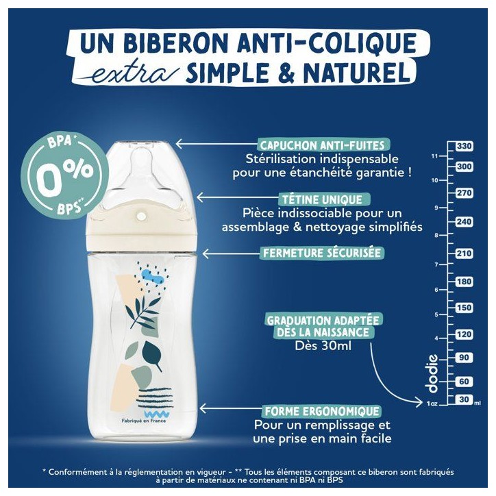 Biberon anti-colique - DODIE - 330 ml - Tétine multi-perforée biomimétisme - +6 mois - Débit 3 - Rose