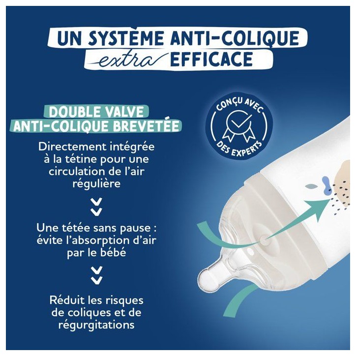 Biberon anti-colique - DODIE - 150 ml - Tétine multi-perforée biomimétisme - +0 mois - Débit 1 - Bleu