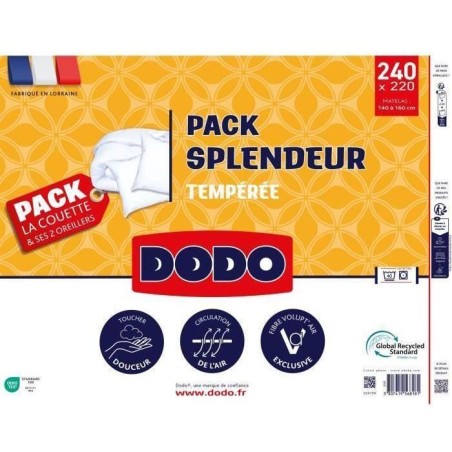 Pack Couette 300 gr/m² DODO - Splendeur - 220 x 240 cm + 2 Oreillers - 60 x 60 cm - Blanc
