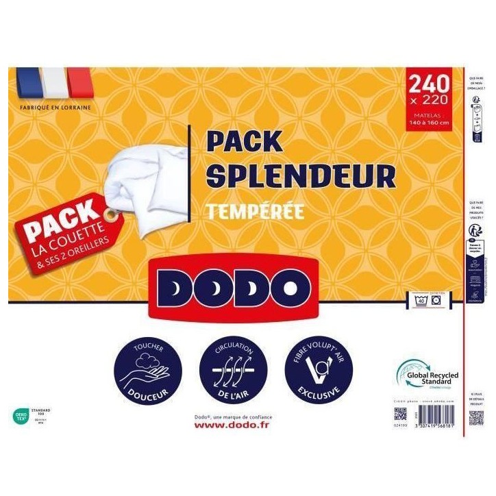Pack Couette 300 gr/m² DODO - Splendeur - 220 x 240 cm + 2 Oreillers - 60 x 60 cm - Blanc Pack Couette 300 gr/m² DODO - Splendeur - 220 x 240 cm + 2 Oreillers - 60 x 60 cm - Blanc